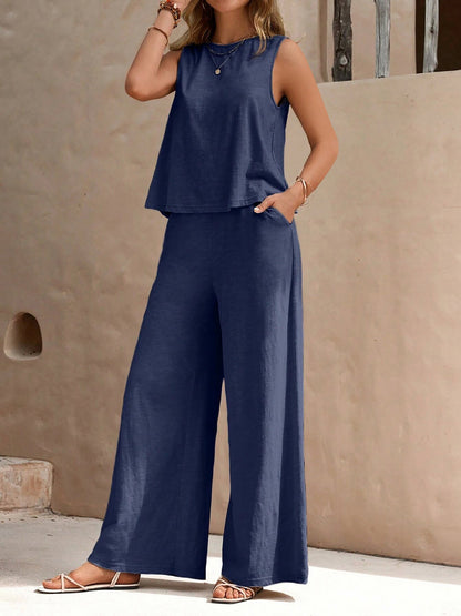 2 Pieces Solid Color Sleeves Top & Wide Leg Pants Lounge Set