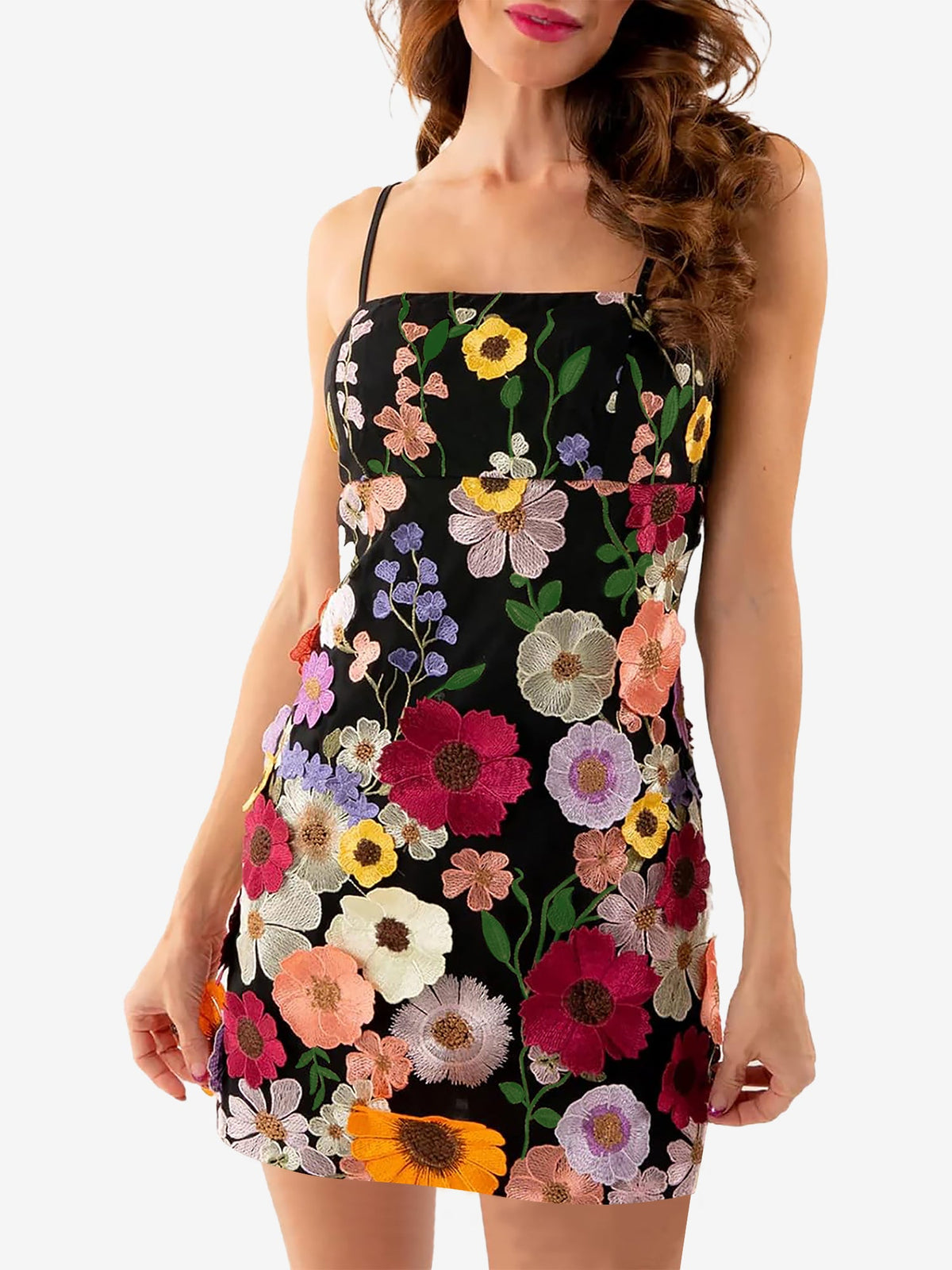 Floral Embroidery Spaghetti Strap Mini Dress