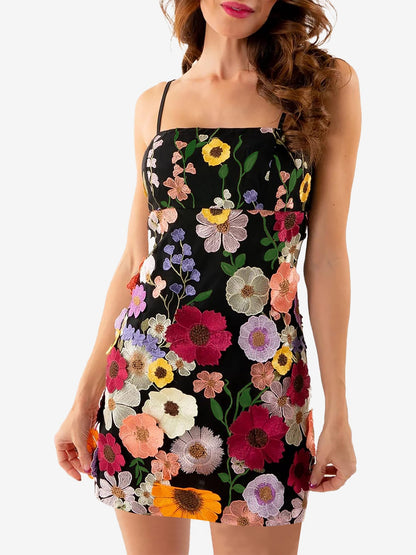 Floral Embroidery Spaghetti Strap Mini Dress