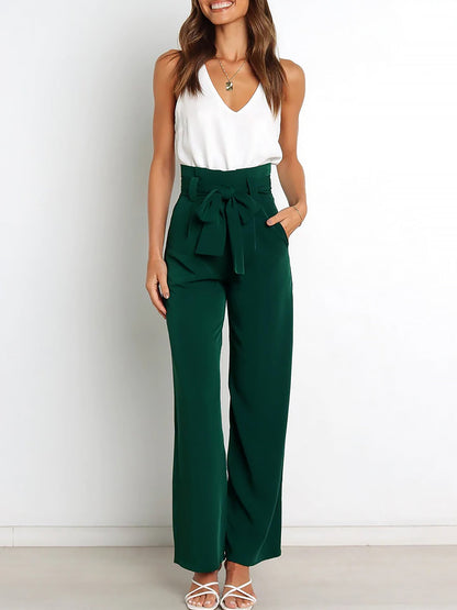 Wide Leg Tie Waist Versatile Paper Bag Pants
