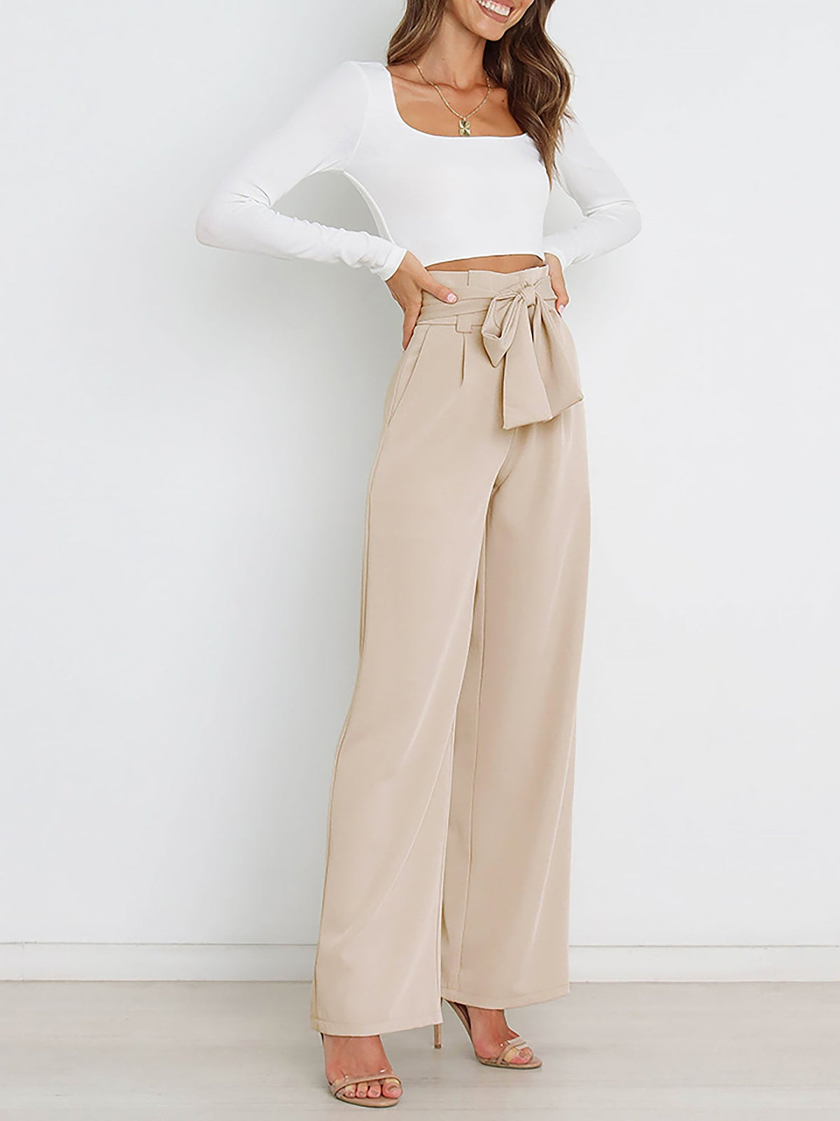 Wide Leg Tie Waist Versatile Paper Bag Pants