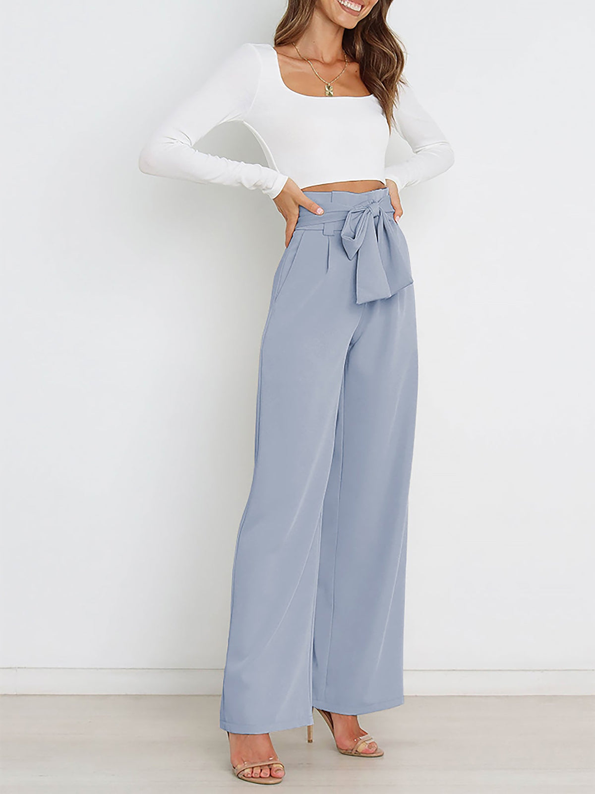 Wide Leg Tie Waist Versatile Paper Bag Pants