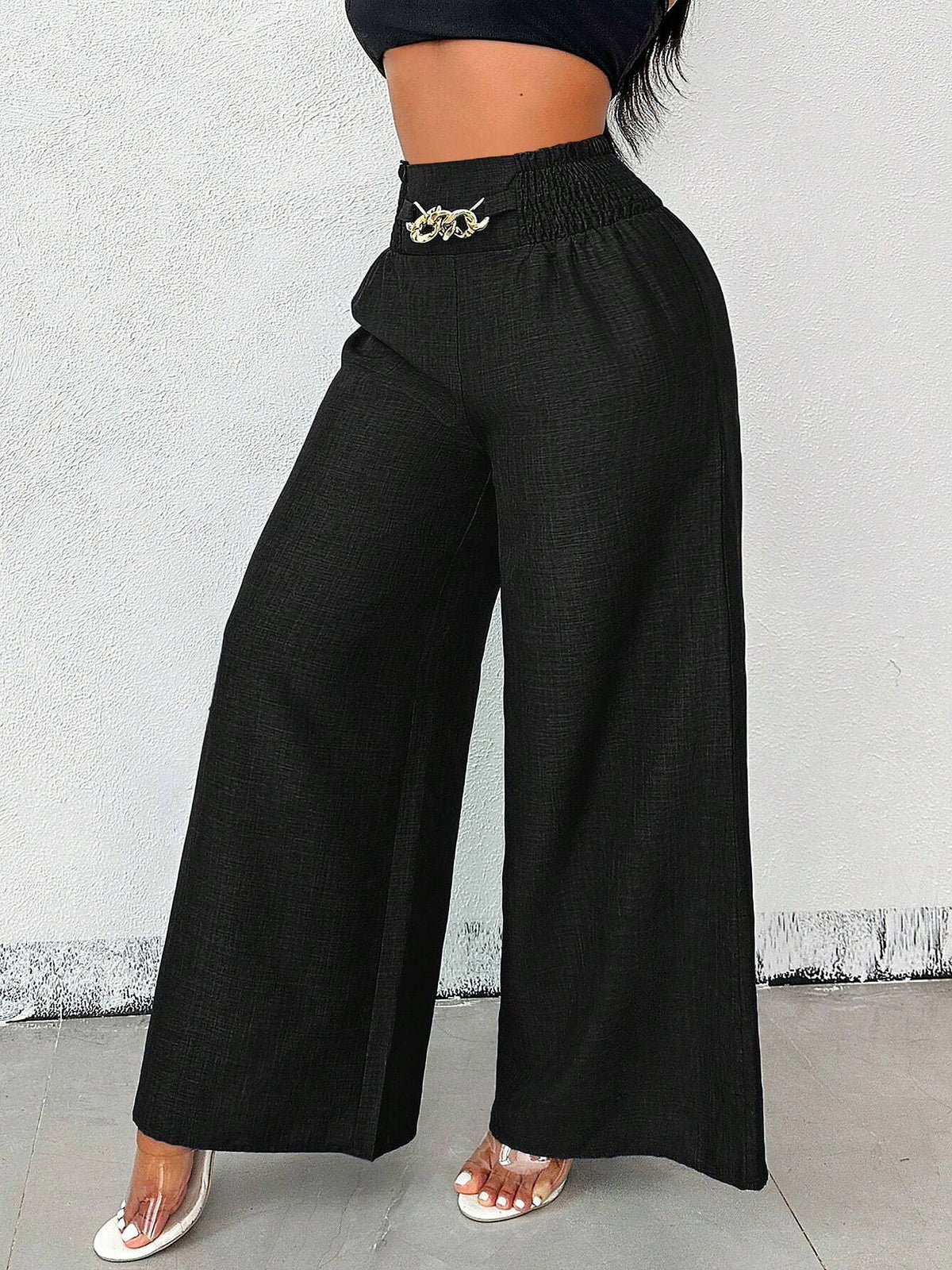 Smocked Elastic Waist Wide Leg Trousers Pants