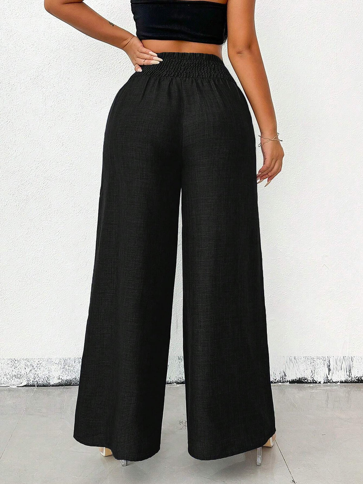 Smocked Elastic Waist Wide Leg Trousers Pants
