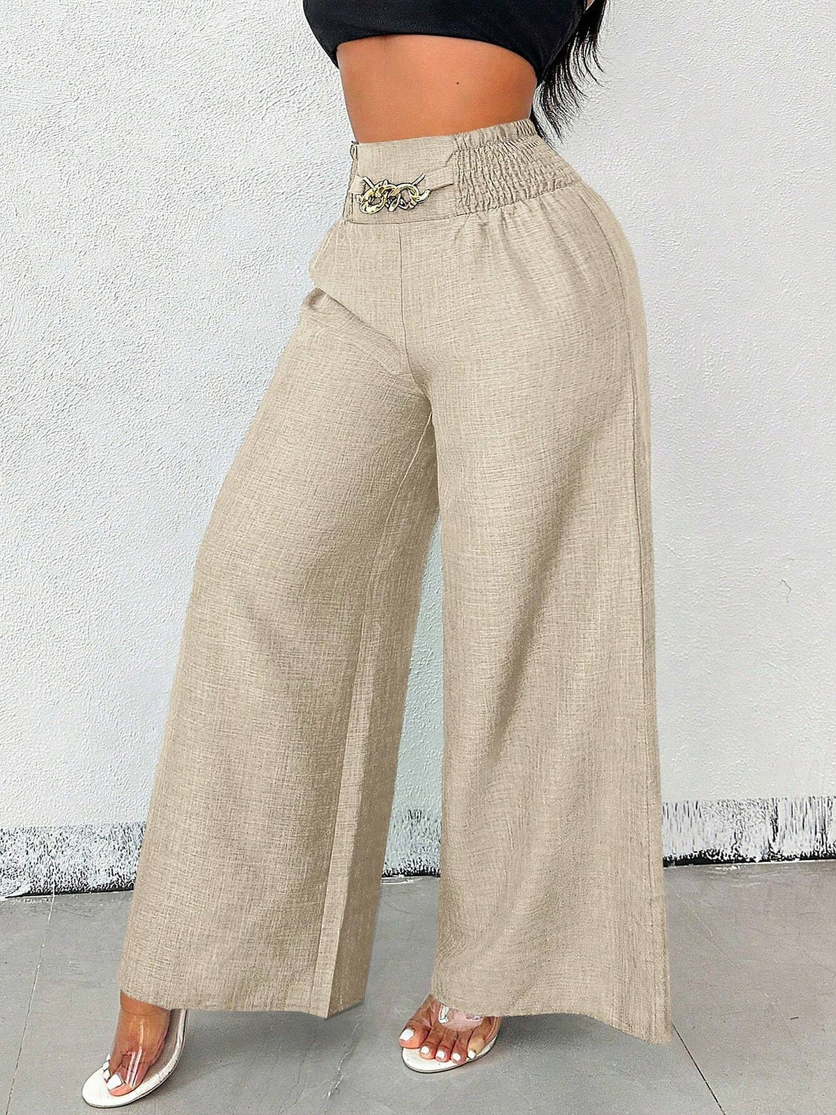 Smocked Elastic Waist Wide Leg Trousers Pants