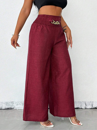 Smocked Elastic Waist Wide Leg Trousers Pants