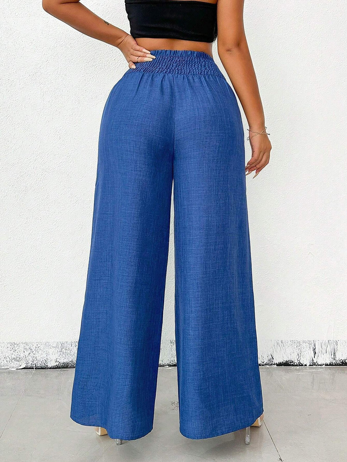 Smocked Elastic Waist Wide Leg Trousers Pants