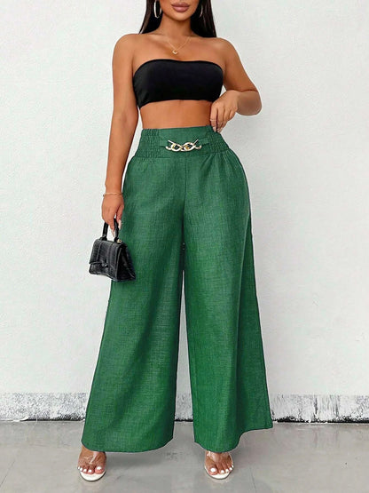 Smocked Elastic Waist Wide Leg Trousers Pants