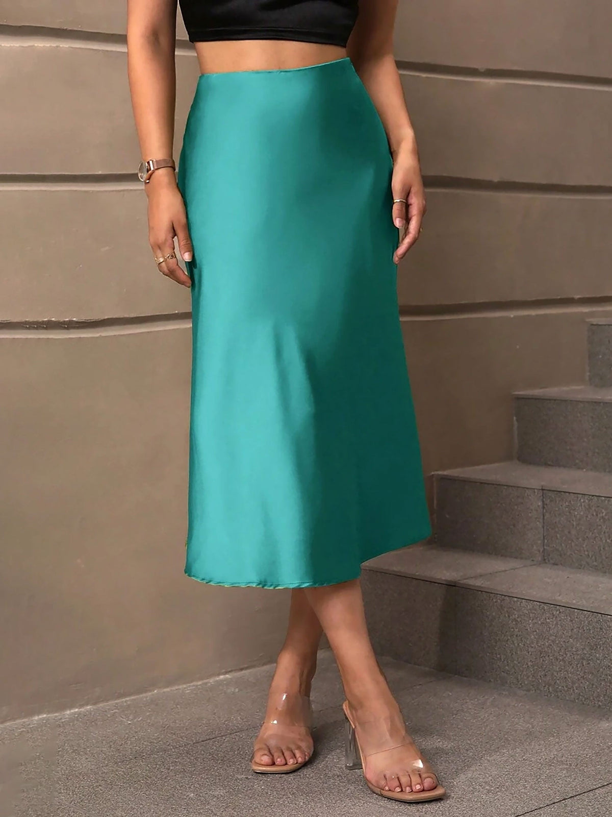 Solid Color Satin Fishtail Midi Skirt