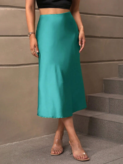 Solid Color Satin Fishtail Midi Skirt