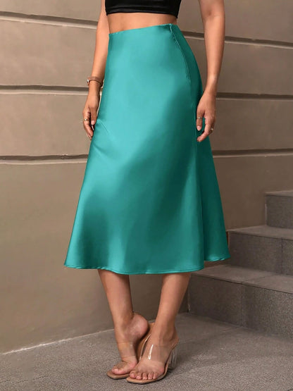 Solid Color Satin Fishtail Midi Skirt
