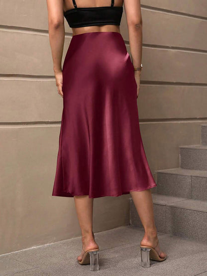 Solid Color Satin Fishtail Midi Skirt