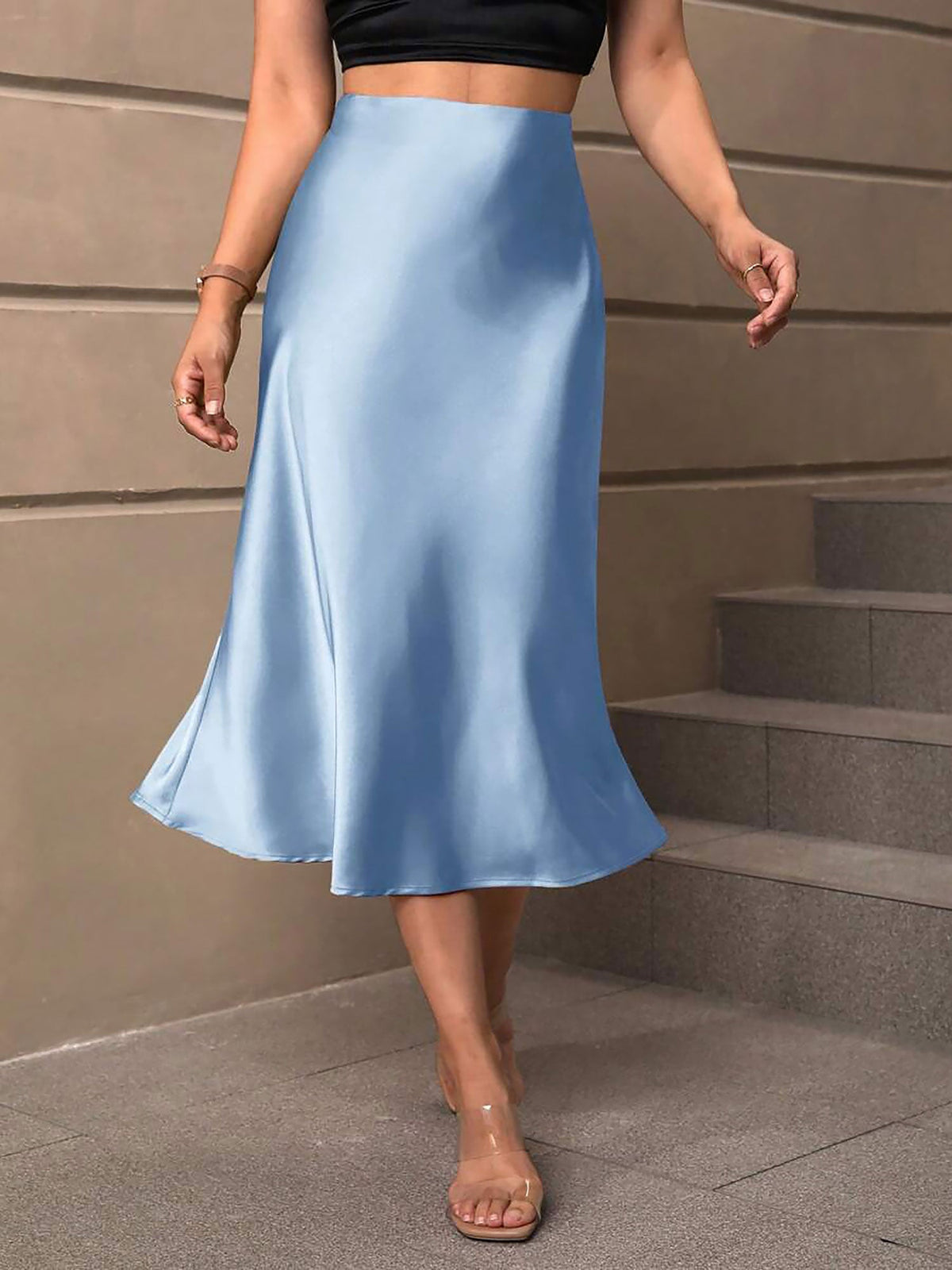 Solid Color Satin Fishtail Midi Skirt