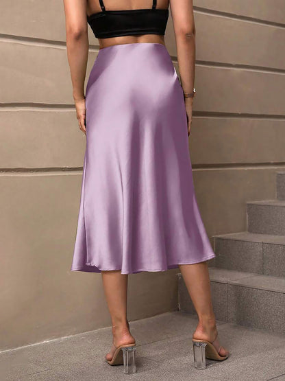 Solid Color Satin Fishtail Midi Skirt