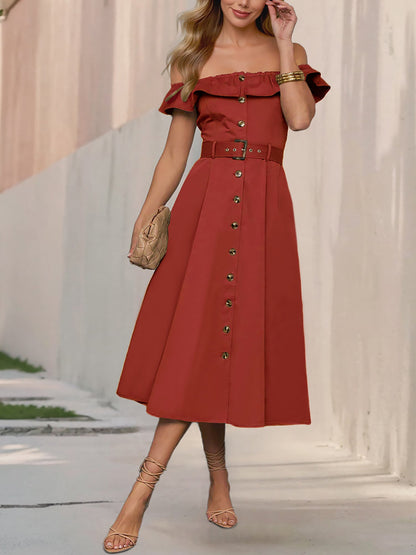 Off Shoulder Button Down Belted A-Line Dress