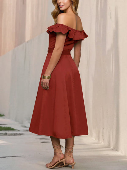 Off Shoulder Button Down Belted A-Line Dress