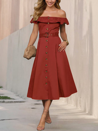 Off Shoulder Button Down Belted A-Line Dress