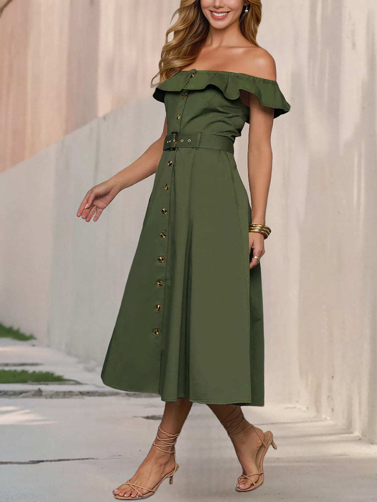 Off Shoulder Button Down Belted A-Line Dress