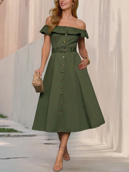 Off Shoulder Button Down Belted A-Line Dress