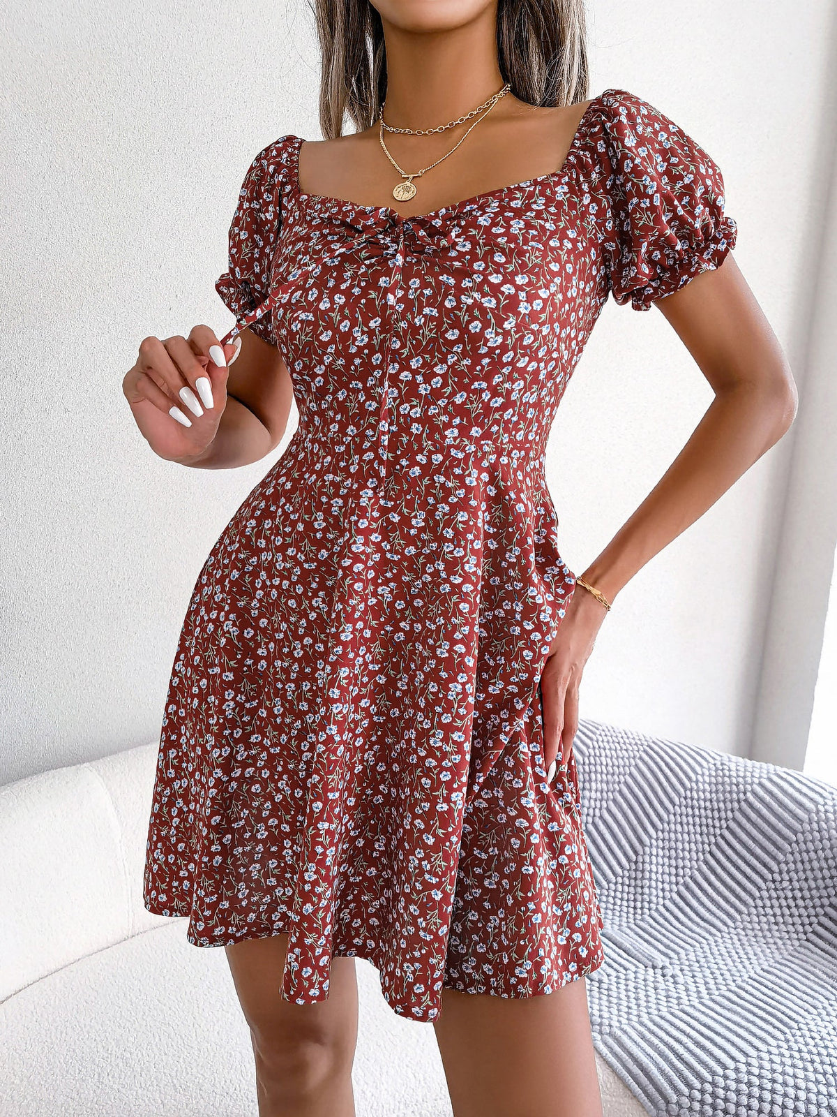 Floral Puff Short Sleeves A-Line Mini Dress