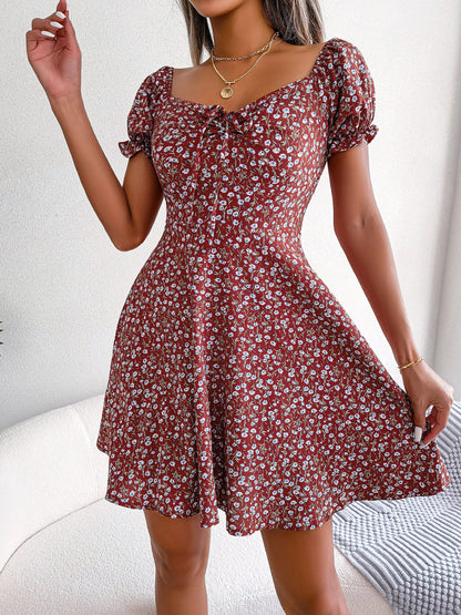 Floral Puff Short Sleeves A-Line Mini Dress