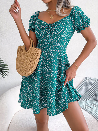 Floral Puff Short Sleeves A-Line Mini Dress