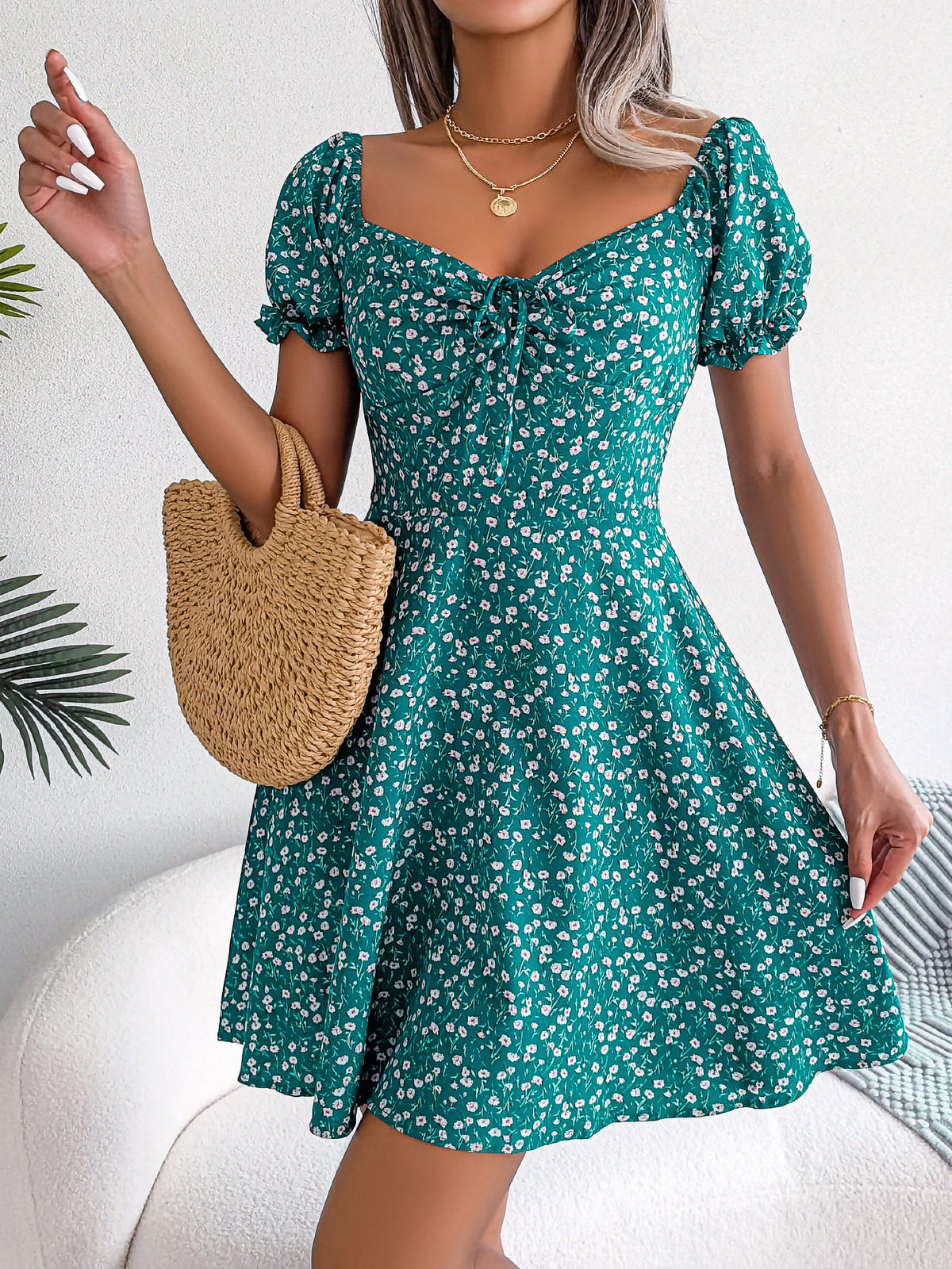 Floral Puff Short Sleeves A-Line Mini Dress