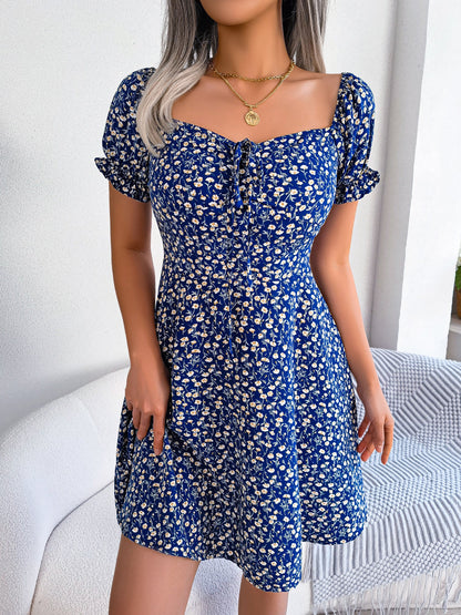 Floral Puff Short Sleeves A-Line Mini Dress