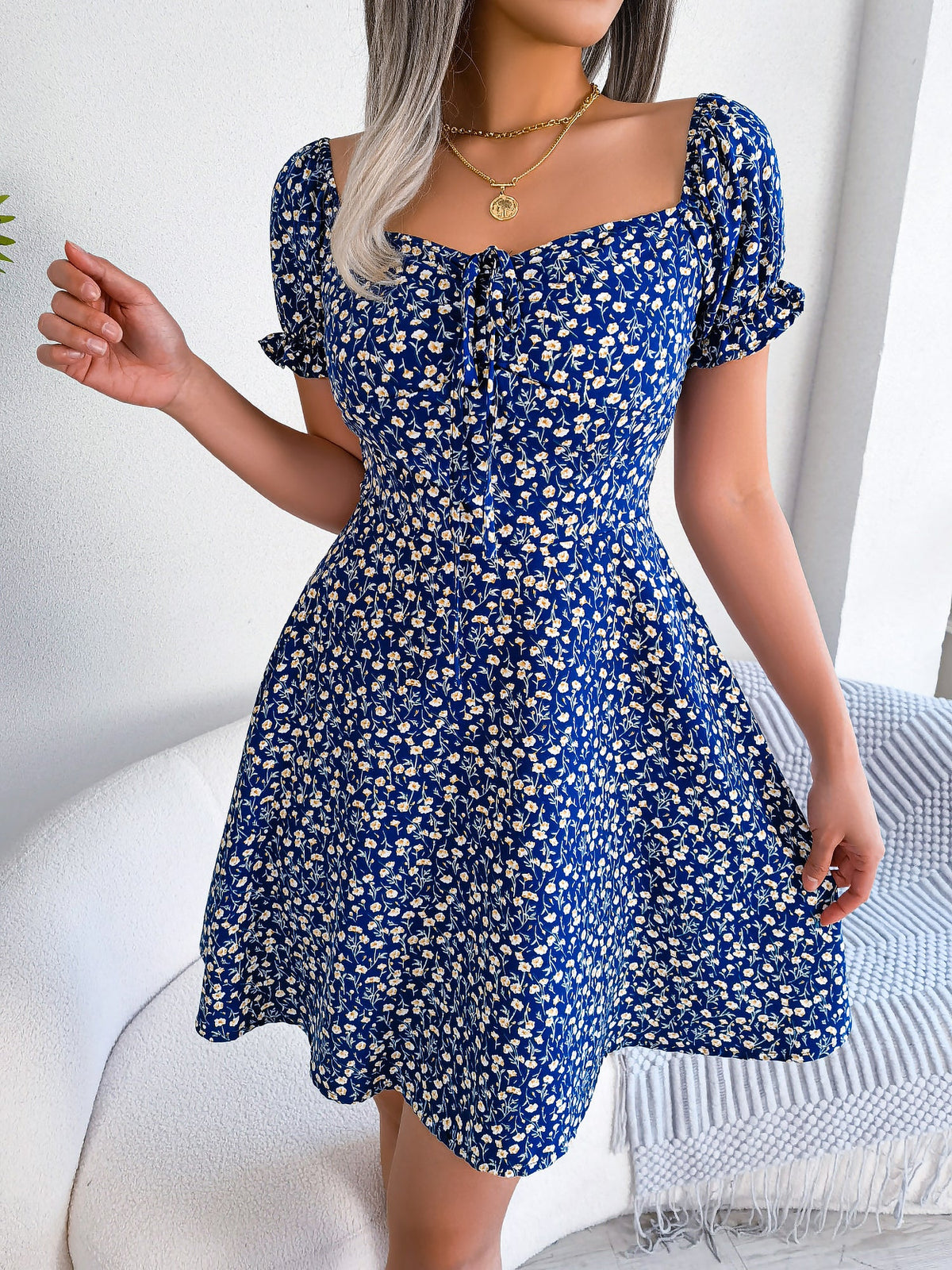 Floral Puff Short Sleeves A-Line Mini Dress