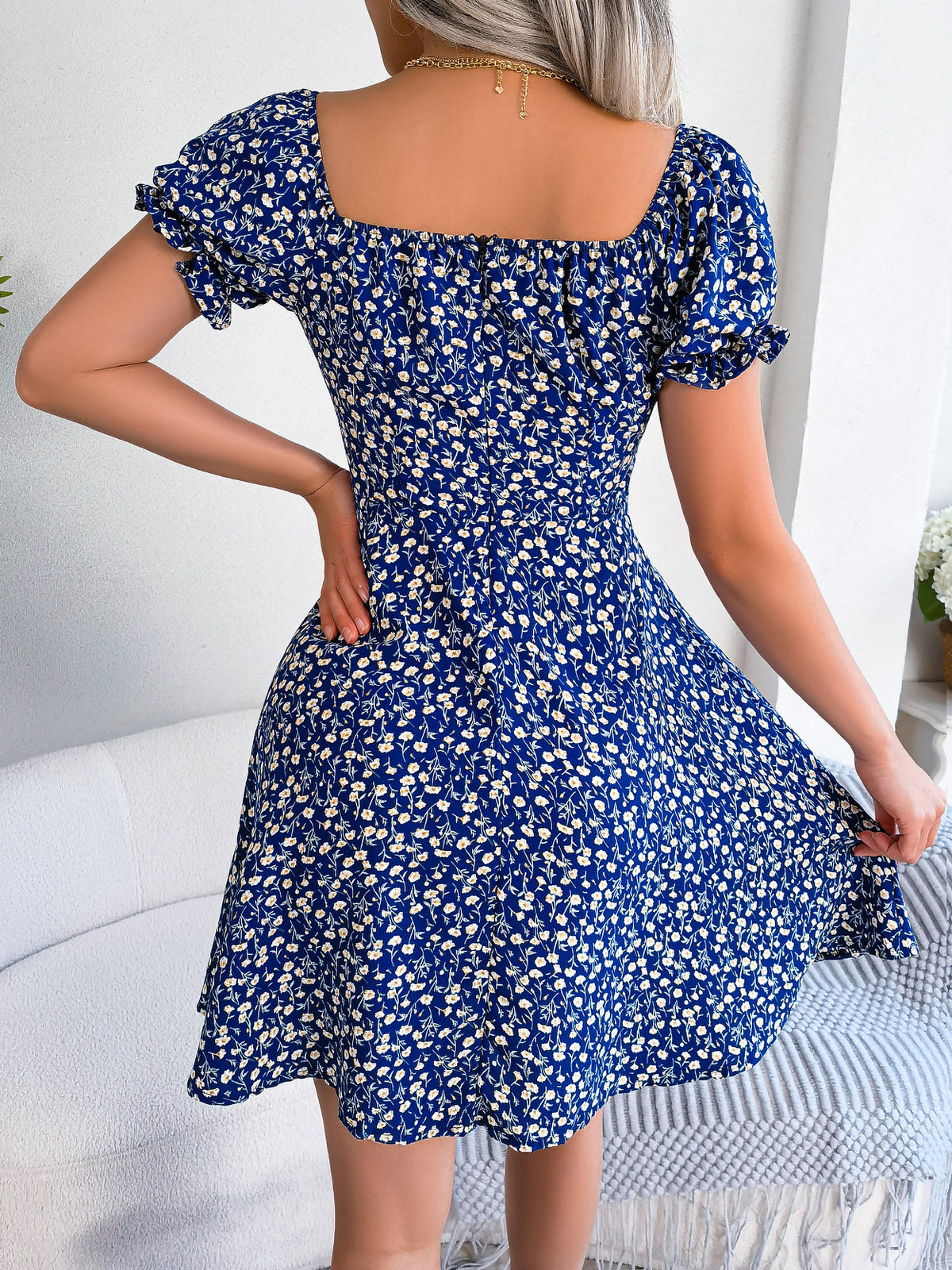 Floral Puff Short Sleeves A-Line Mini Dress
