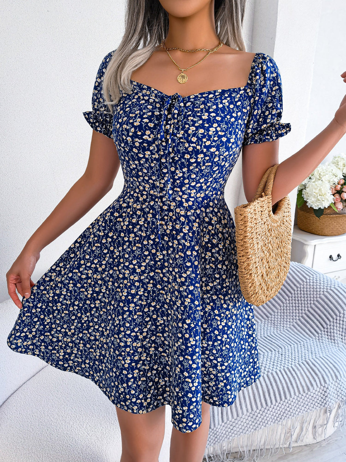 Floral Puff Short Sleeves A-Line Mini Dress