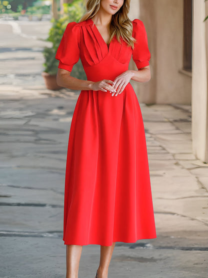 Solid Color Pleated V Neck Puff Sleeve Midi Dress
