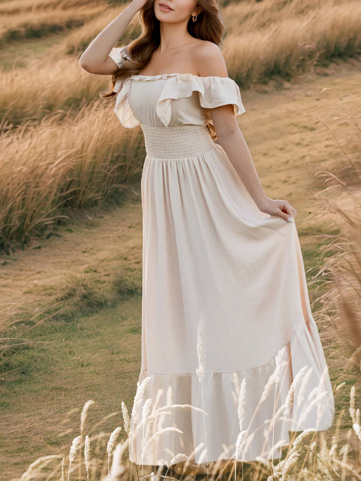 Off Shoulder Ruffled Solid Color Maxi Dress