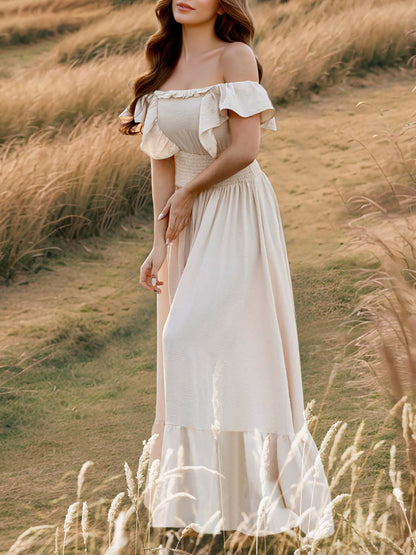 Off Shoulder Ruffled Solid Color Maxi Dress