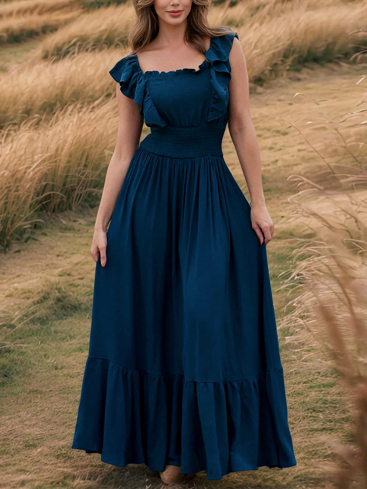 Off Shoulder Ruffled Solid Color Maxi Dress