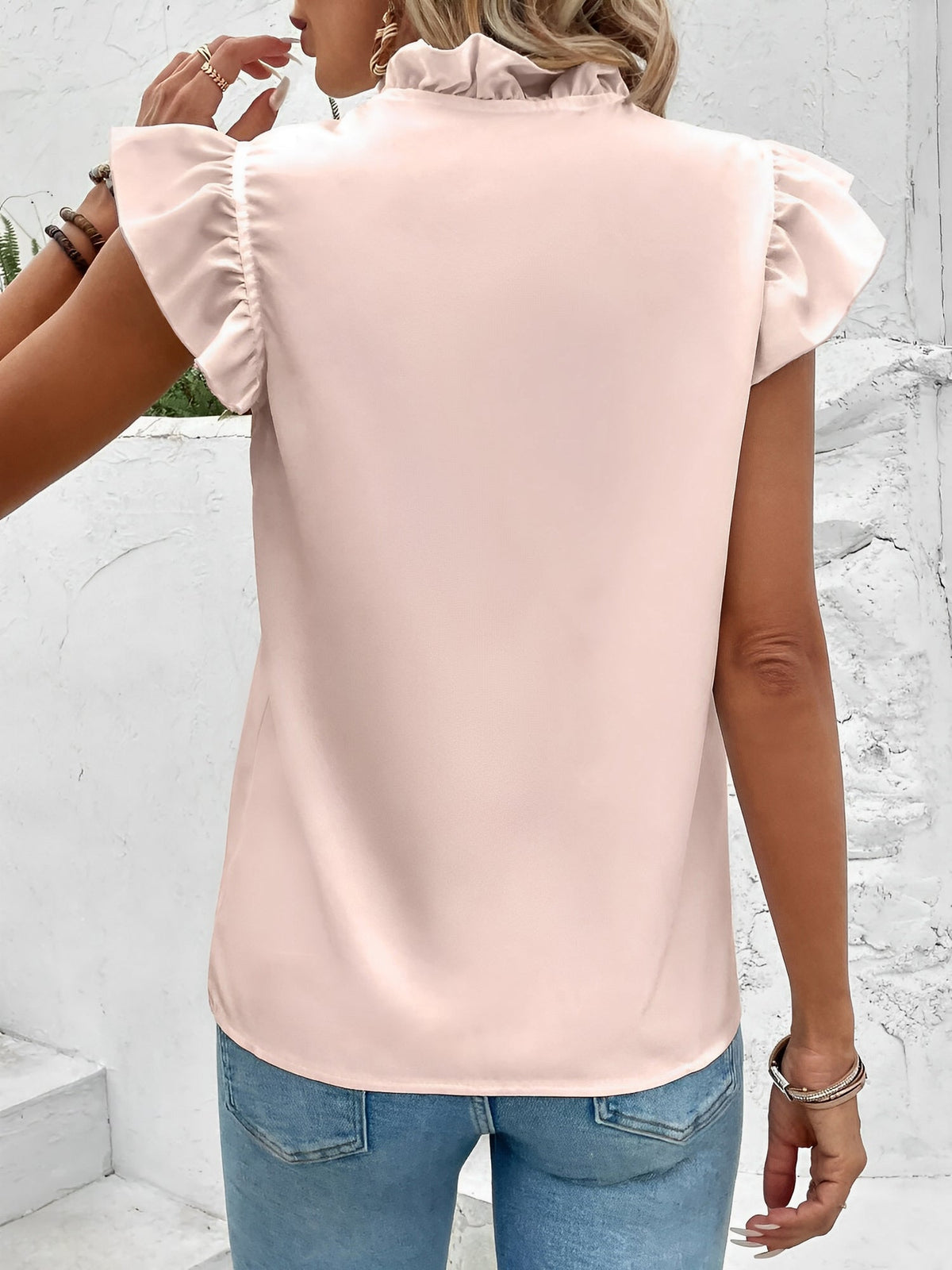 Ruffled Short Sleeves Solid Color Blouse