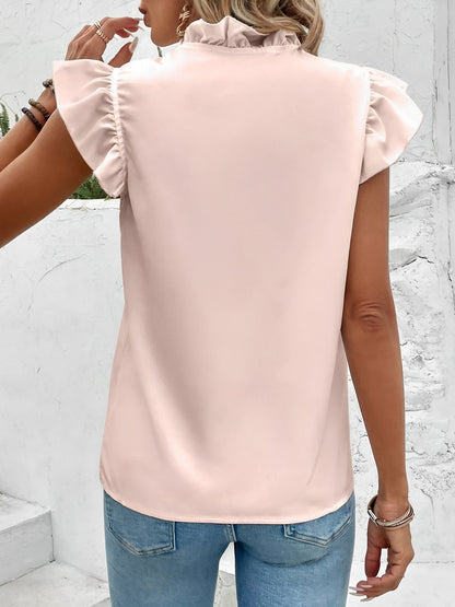 Ruffled Short Sleeves Solid Color Blouse