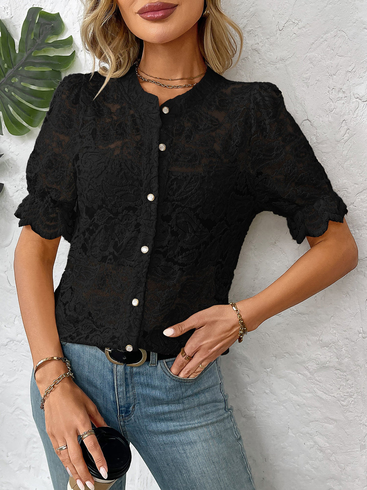 Lace Round Neck Short Sleeve Sheer Blouse