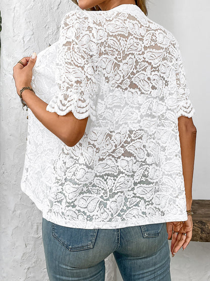Lace Round Neck Short Sleeve Sheer Blouse