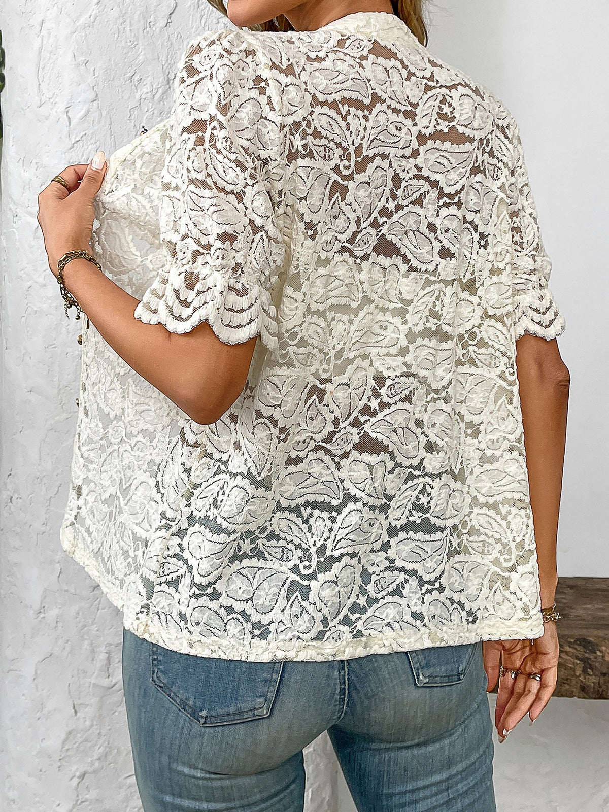 Lace Round Neck Short Sleeve Sheer Blouse
