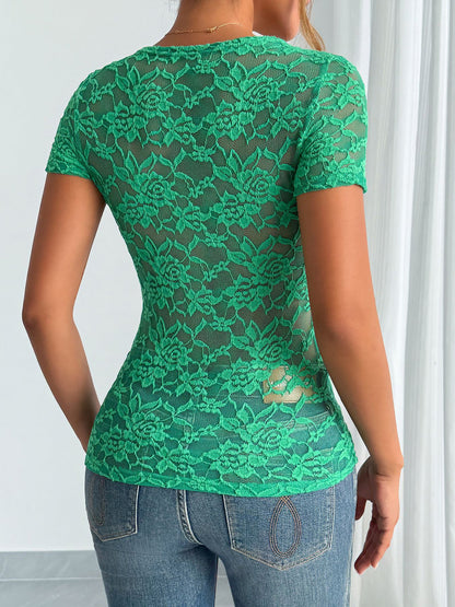 Solid Color Lace V Neck Short Sleeves Blouse