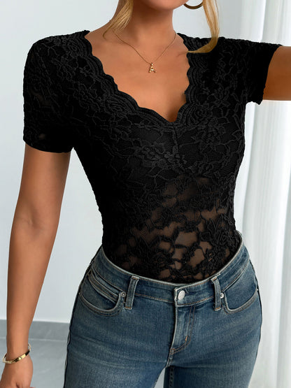 Solid Color Lace V Neck Short Sleeves Blouse