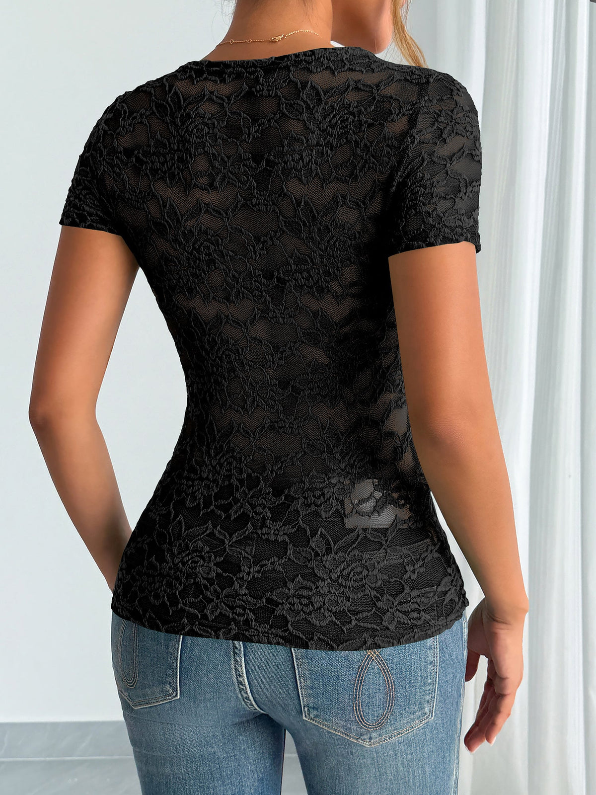 Solid Color Lace V Neck Short Sleeves Blouse