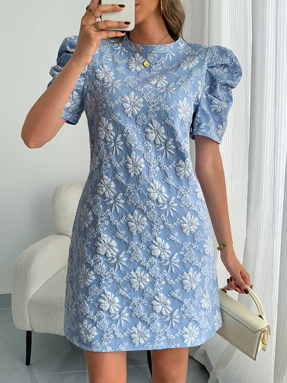 Puff Short Sleeve Flower Textured Mini Dress
