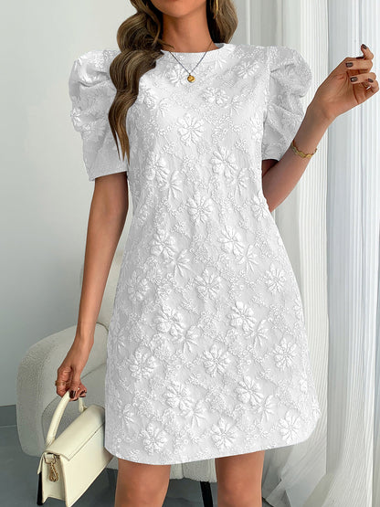 Puff Short Sleeve Flower Textured Mini Dress