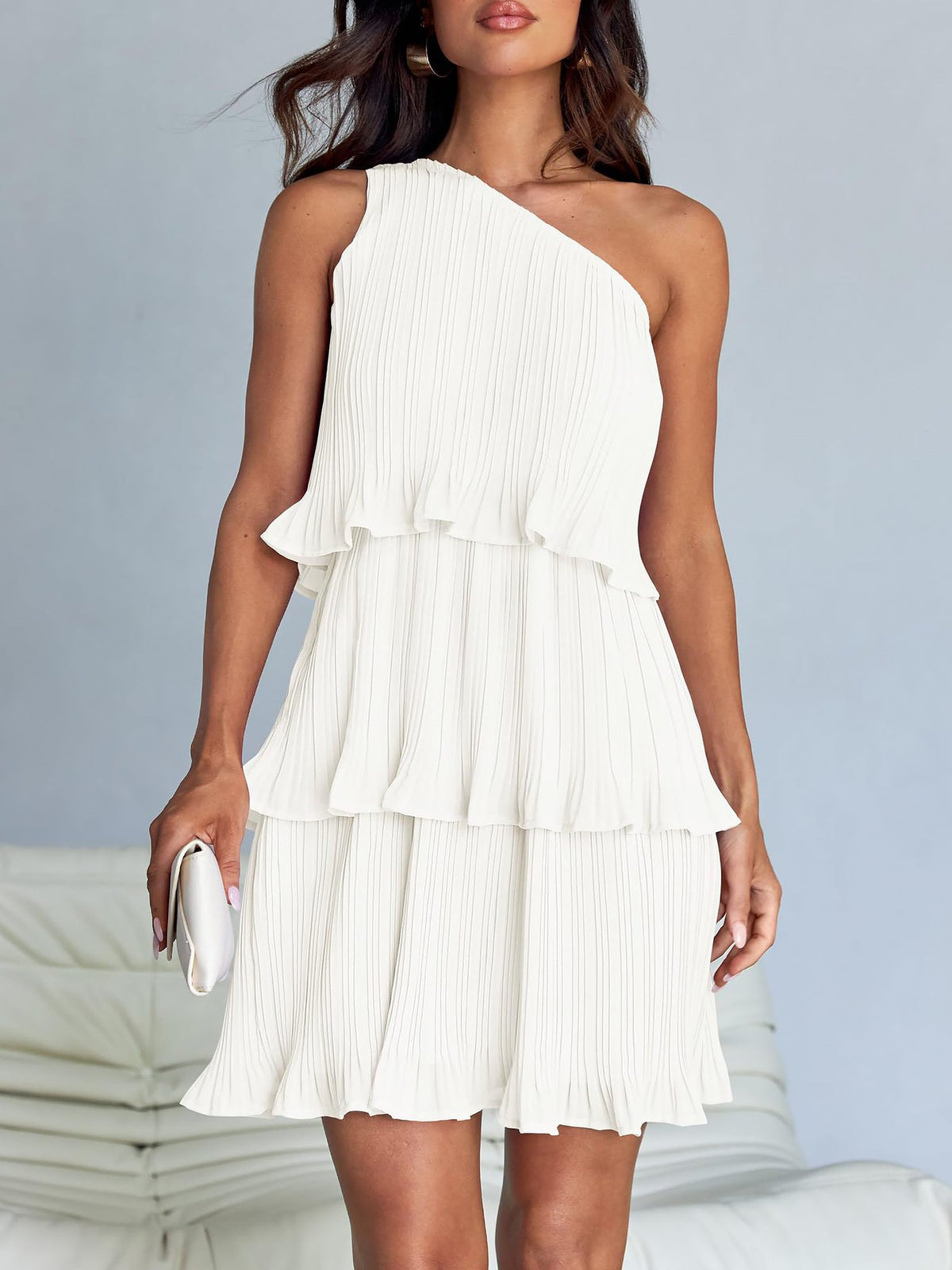 One Shoulder Pleated Ruffled Tiered Mini Dress
