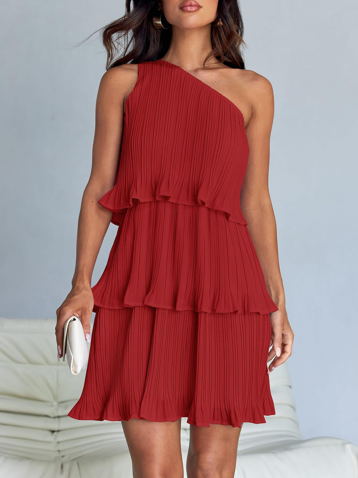One Shoulder Pleated Ruffled Tiered Mini Dress