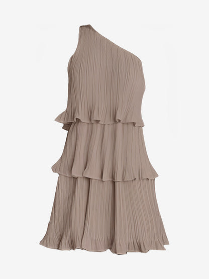 One Shoulder Pleated Ruffled Tiered Mini Dress
