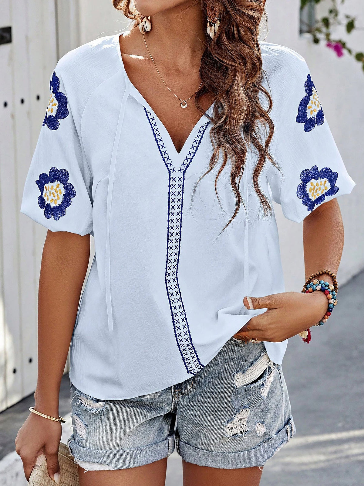 Embroidery Floral Puff Sleeves Casual Blouse