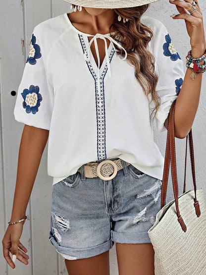 Embroidery Floral Puff Sleeves Casual Blouse